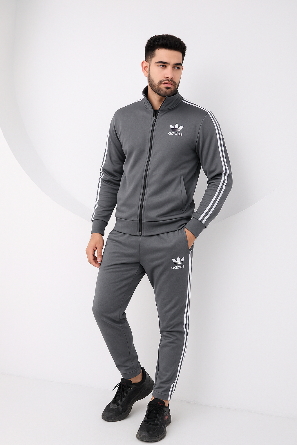 🩶 Carbon Mist ( Charcoal Grey ) Striped-Sleeve DriFit Winter Tracksuit